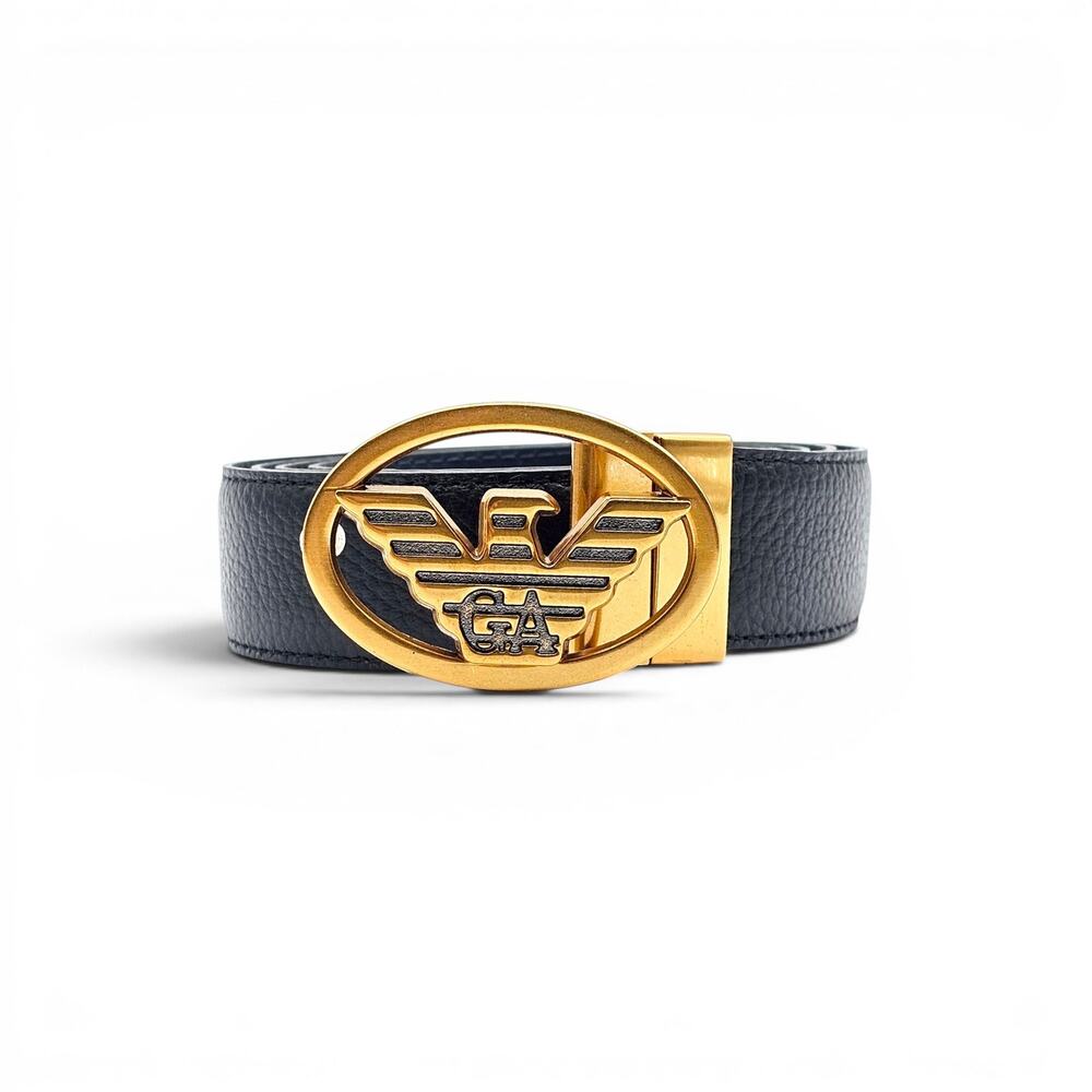 Emporio Armani by Giorgio Amani Leather Belt in Black with Gold Eagle Buckle